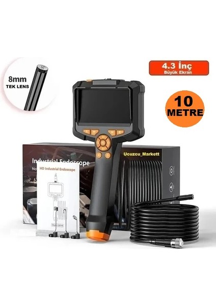 Endüstriyel Endoskop 10 Metre Yılan Kamera 4.3 Inç IPS Ekran IP67 Su Geçirmez Kamera HD1080P 8mm Lens (Araba- Boru Kanalizasyon Inceleme Kamerası)