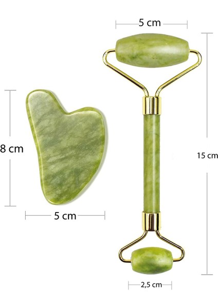 Tekno Trust Jade Roller Yeşim Face Roller Ve Yeşim Kalp Gua Sha Yüz Masja Aleti Premium Set Yeşil