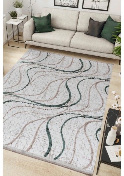 Emboss Kaymaz Taban Kabartmalı Halı Makinede Yıkanabilir 1078 Yeşil Yolluk&halı (Püsküllü-Saçaklı)