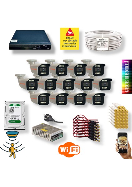 13 Kameralı Set - Gece Renkli Gösteren Hareket Algılayan 5 Mp Sony Lensli 1080p Full Hd Güvenlik Kamerası Seti 908w