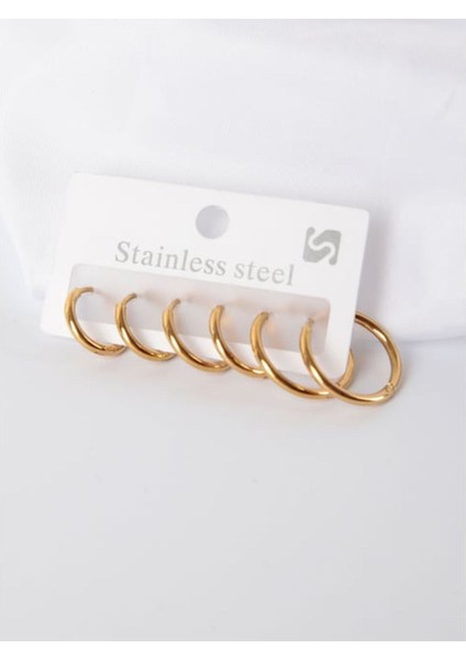 Kararmaz Paslanmaz Altın Kaplama Gold Renk 3 Boy 6'lı Çelik Halka Küpe