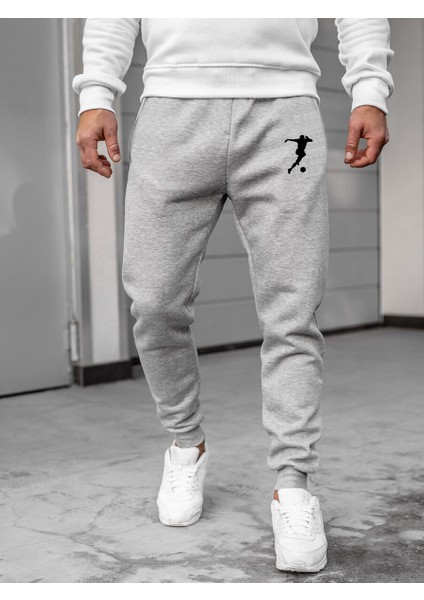 Erkek Yazlık Gri Eşofman Altı Pamuklu Baskılı Dar Paça Jogger
