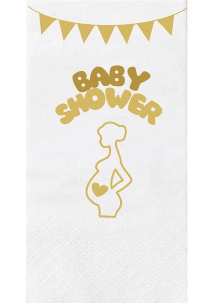 Angon Shop Kopya - 33X33  Gold Yaldız Varak Baby Shower Baskılı 16'lı Beyaz Renkli Kağıt Peçete