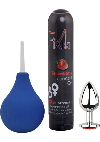 Kayganlaştırıcı Jel Çilek 125 ml Anal Temizleme Pompası Metal Taşlı Plug