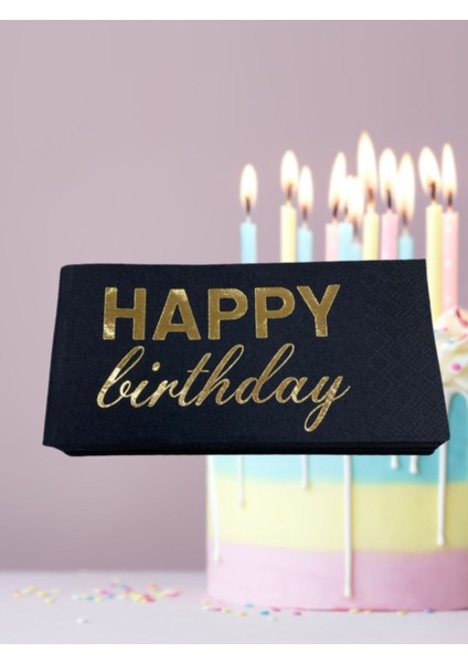 Angon Shop 40X40 Gold Yaldız Varak Happy Birthday Baskılı 16'lı Siyah Büyük Kağıt Peçete