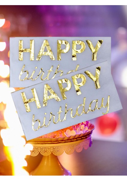 Angon Shop 33X33  Gold Yaldız Varak  Happy Birthday Baskılı 16'lı Beyaz Renkli Kağıt Peçete