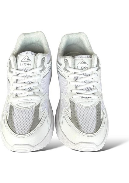 Unisex Faylon Taban Bağcıklı Spor Ayakkabı Beyaz Gümüş