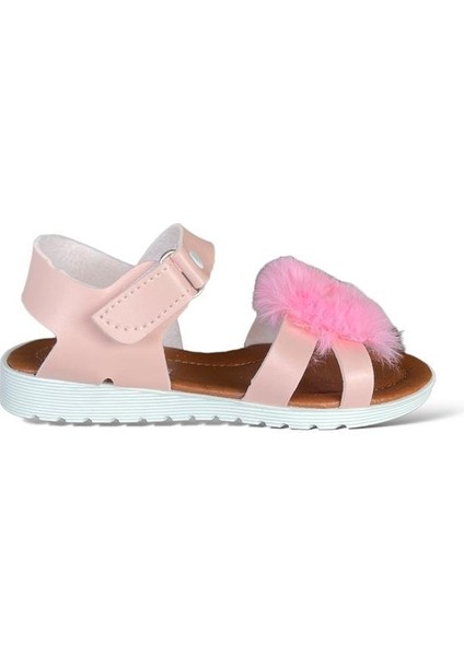 Cırtlı Peluş Fiyonklu Kız Çocuk Sandalet Pudra