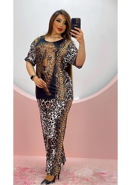 Sf Geniş Paça Leopar Crystal Taşlı Eşofman Takımı - Kahve