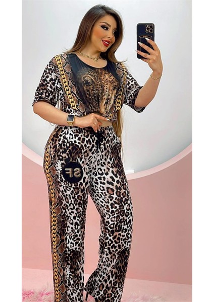 Sf Geniş Paça Leopar Crystal Taşlı Eşofman Takımı - Kahve fiyatları