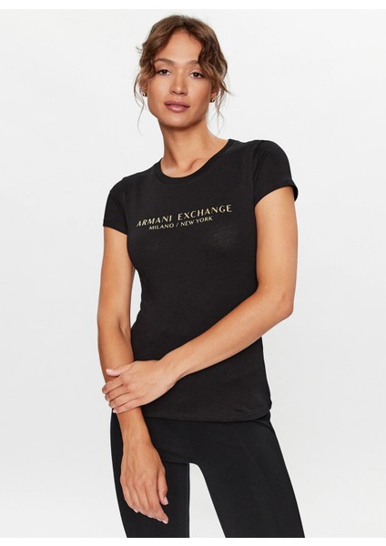 Bisiklet Yaka Baskılı Siyah Kadın T-Shirt 8nytab