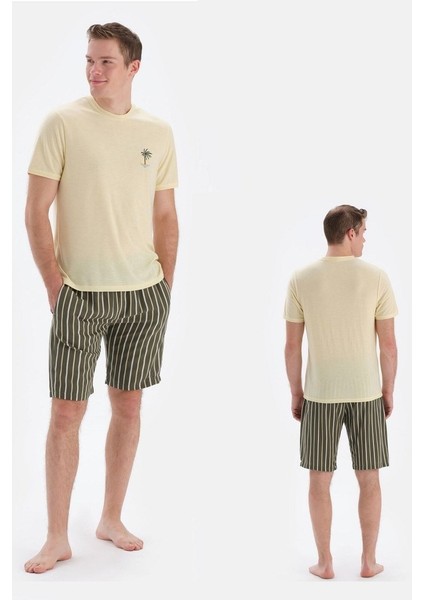ESE33012 Erkek Yuvarlak Yaka Kısa Kol Şortlu Pijama Takımı-Sarı