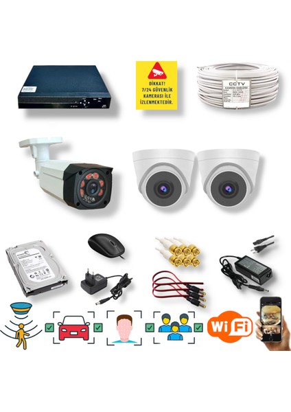 3 Kameralı Set - Araç Yüz ve Insan Tanımalı Hareket Algılayan Gece Görüşlü 5mp Sony Lensli 1080P Full Hd Güvenlik Kamerası Seti 1_4204 2_D136