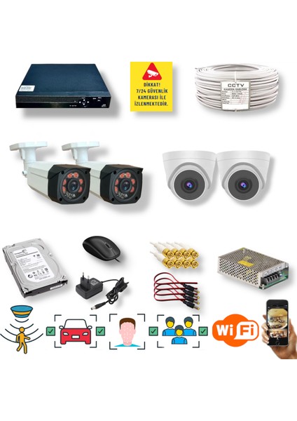 4 Kameralı Set - Araç Yüz ve Insan Tanımalı Hareket Algılayan Gece Görüşlü 5mp Sony Lensli 1080P Full Hd Güvenlik Kamerası Seti 2_4204 2_D136