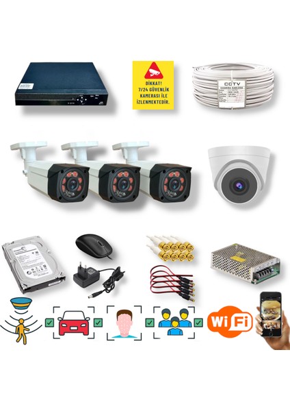 4 Kameralı Set - Araç Yüz ve Insan Tanımalı Hareket Algılayan Gece Görüşlü 5mp Sony Lensli 1080P Full Hd Güvenlik Kamerası Seti 3_4204 1_D136
