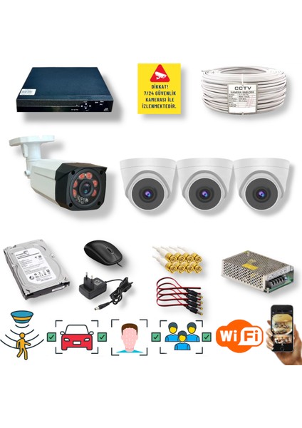 4 Kameralı Set - Araç Yüz ve Insan Tanımalı Hareket Algılayan Gece Görüşlü 5mp Sony Lensli 1080P Full Hd Güvenlik Kamerası Seti 1_4204 3_D136