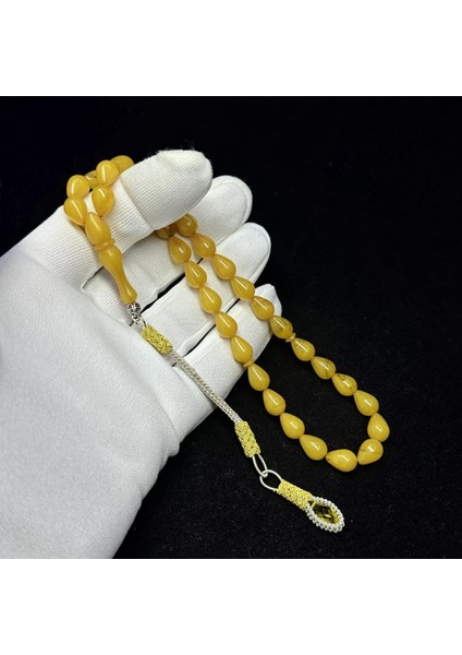 Damla Model Kazaz Püsküllü 7,5-11MM Sarı Renk Hareli Sıkma Kehribar Tesbih