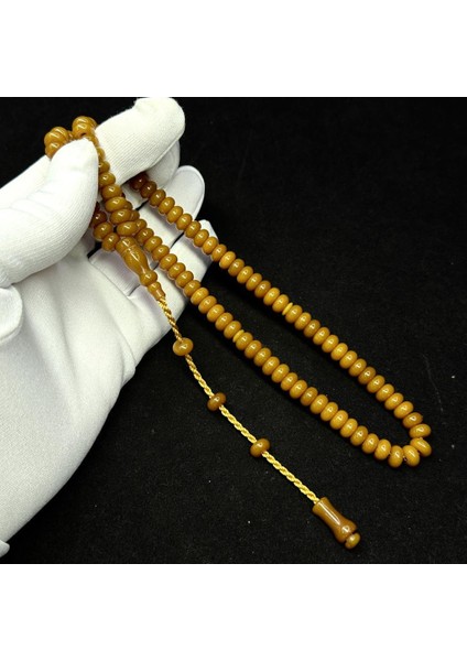 Teker Model Sistemli 8-5mm 99 Habbe Şükrü Baba Usta Imzalı Çubuk Malzeme Sarı Renk Sıkma Kehribar Tesbih