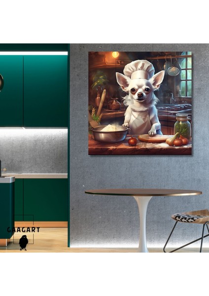 Kare Kanvas Mutfak Tablosu Aşçı Hayvanlar Beyaz Chihuahua