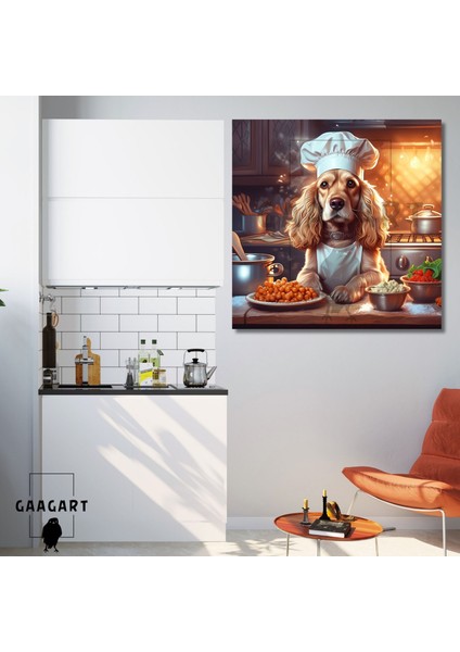 Kare Kanvas Mutfak Tablosu Aşçı Hayvanlar Sevimli Cocker Köpek