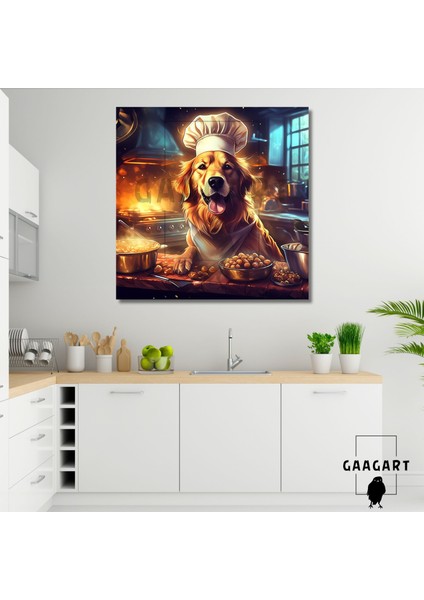 Kare Kanvas Mutfak Tablosu Aşçı Hayvanlar Golden Retriever