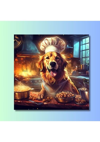 Kare Kanvas Mutfak Tablosu Aşçı Hayvanlar Golden Retriever