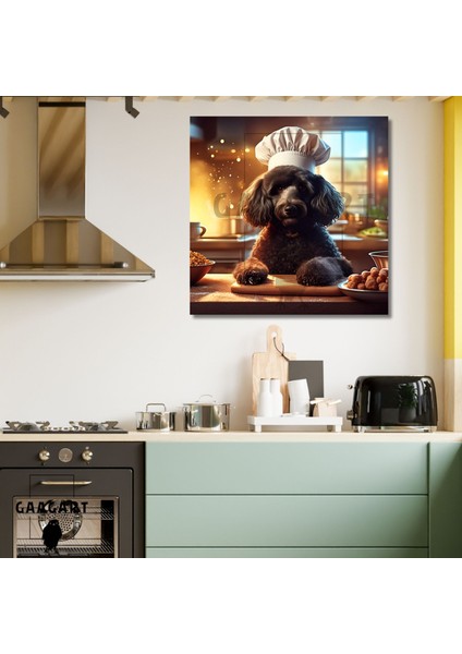 Kare Kanvas Mutfak Tablosu Aşçı Hayvanlar Siyah Poodle Köpek