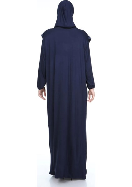 Kadın Tesettür Pamuklu Başörtülü Namaz Elbisesi Dantelli Tek Parça Penye Kumaş Lacivert