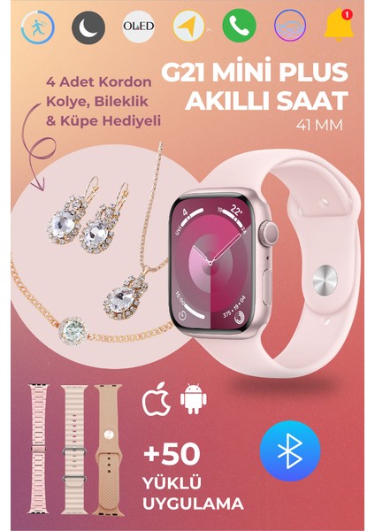 G21 Mini Plus Akıllı Saat 4 Kordonlu Bileklik Kolye ve Küpe Hediyeli Kadın Akıllı Saat Watch