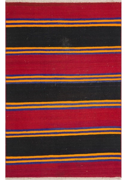 Grand Hedef Halı Anadolu El Dokuma Mavi Turuncu Çizgili Vintage Kilim