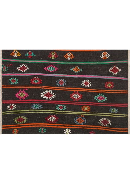 Gerçek El Dokuma Çizgili Çiçekli Vintage Kilim