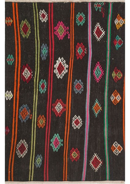 Gerçek El Dokuma Çizgili Çiçekli Vintage Kilim