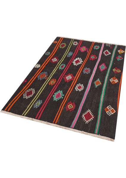 Gerçek El Dokuma Çizgili Çiçekli Vintage Kilim