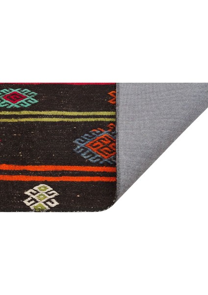 Gerçek El Dokuma Çizgili Çiçekli Vintage Kilim