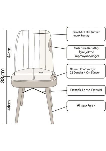 Kaffa Home Riff Serisi Siyah Ayaklı, 1 Adet Silinebilir Nubuk Kumaş , Sandalye , Mutfak Sandalyesi - Acı Kahve