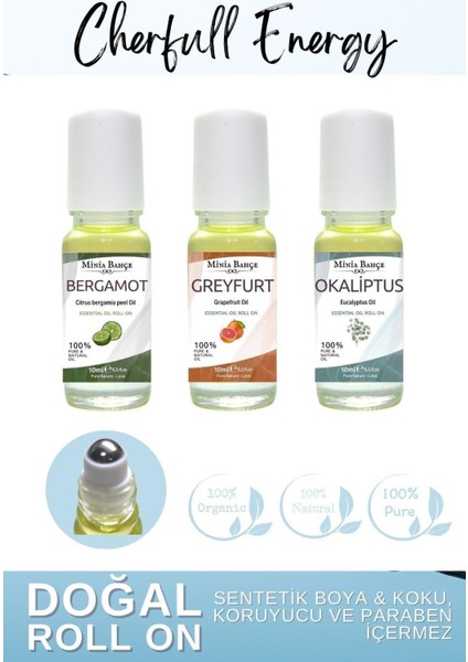Doğal Roll on, Enerji Seti, Greyfurt, Bergamot, Okaliptus Uçucu Yağı, 10ml x 3