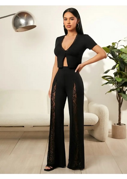 Kadın Önü Dantel Detay Ispanyol Paça Ithal Krep Pantolon fırsatları