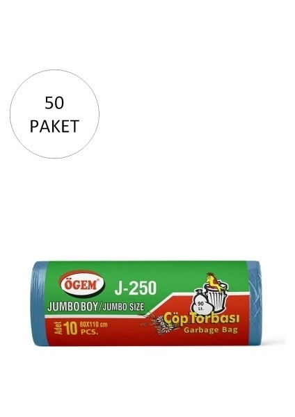 J-250 Jumbo Boy Çöp Torbası 80 x 110 cm 10 Lu Rulo x 50 Paket = 500 Adet (Mavi)