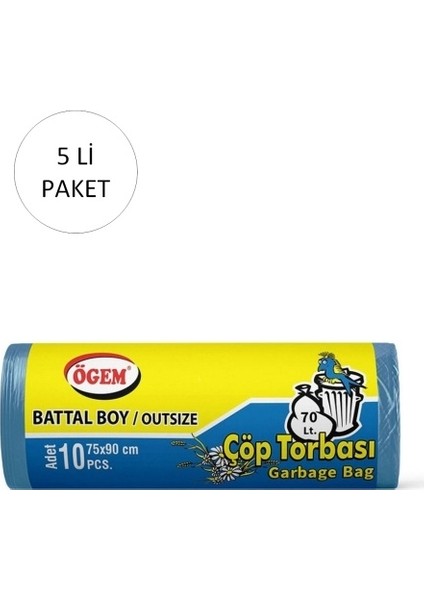 Battal Boy Çöp Torbası 75 x 90 cm 10 Lu Rulo x 5 Paket = 50 Adet (Mavi)