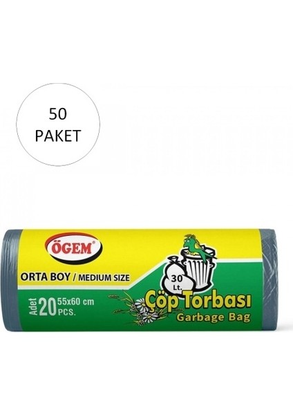 Orta Boy Çöp Torbası 55 x 60 cm 20 Li Rulo x 50 Paket = 1000 Adet (Mavi)