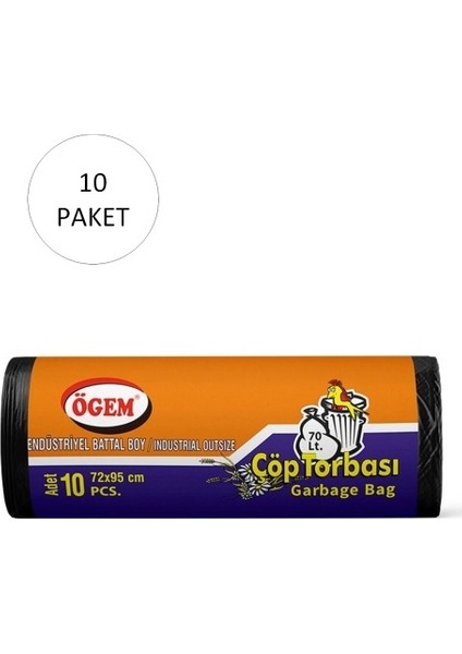 Endüstriyel Battal Boy Çöp Torbası 72 x 95 cm 10 Lu Rulo x 10 Paket = 100 Adet (Siyah)