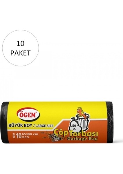 Büyük Boy Çöp Torbası 65 x 80 cm 10 Lu Rulo x 10 Paket = 100 Adet (Siyah)