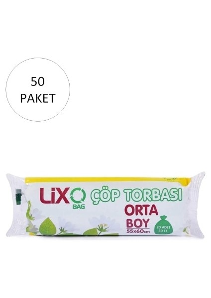 Orta Boy Çöp Torbası 55 x 60 cm 20 Li Rulo x 50 Paket = 1.000 Adet (Mavi)