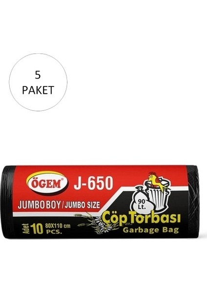 J-650 Jumbo Boy Çöp Torbası 80 x 110 cm 10 Lu Rulo x 5 Paket = 50 Adet (Siyah)