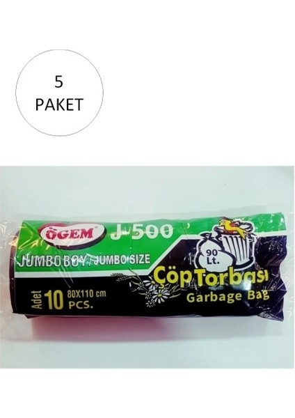 J-500 Jumbo Boy Çöp Torbası 80 x 110 cm 10 Lu Rulo x 5 Paket = 50 Adet (Siyah)