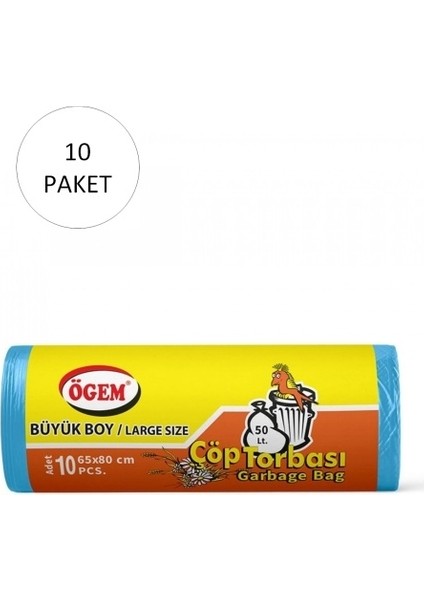 Büyük Boy Çöp Torbası 65 x 80 cm 10 Lu Rulo x 10 Paket = 100 Adet (Mavi)