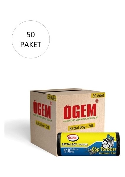 Battal Boy Çöp Torbası 75 x 90 cm 10 Lu Rulo x 50 Paket = 500 Adet (Siyah)