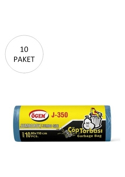 J-350 Jumbo Boy Çöp Torbası 80 x 110 cm 10 Lu Rulo x 10 Paket = 100 Adet (Mavi)