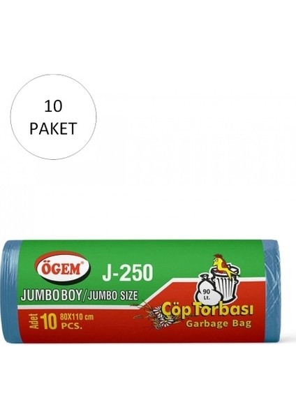 J-250 Jumbo Boy Çöp Torbası 80 x 110 cm 10 Lu Rulo x 10 Paket = 100 Adet (Mavi)