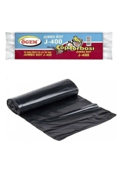 J-400 Jumbo Boy Çöp Torbası 80 x 110 cm 10 Lu Rulo x 1 Paket = 10 Adet (Siyah)